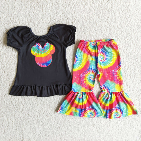 Promotional Cartoon Tie Dye Girls Short Sleeve+Trousers Sets