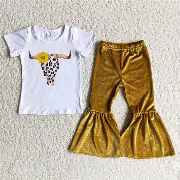 Promotional Highland Cow Yellow Velvet Girls Short Sleeve+Trousers Sets