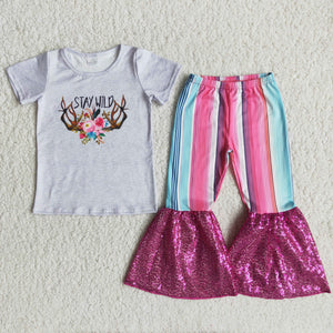 Promotional Sequin Stay Wild Girls Short Sleeve+Trousers Sets