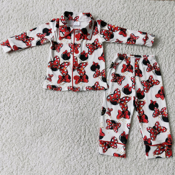 Promotional Cartoon Red Bows Collar White Girls Long Sleeve Pajamas