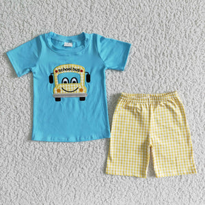 Bus Embroidery Yellow Plaid Sky Blue Boys Back to School Outfits